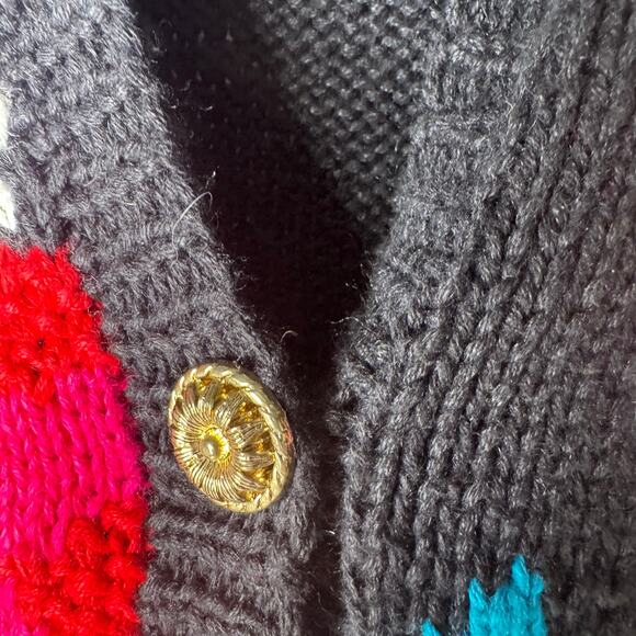 Vintage 80s/90s Hand Knit Chunky Floral Funky Gold Button Cardigan 2XL Jen Reed - Picture 6 of 9